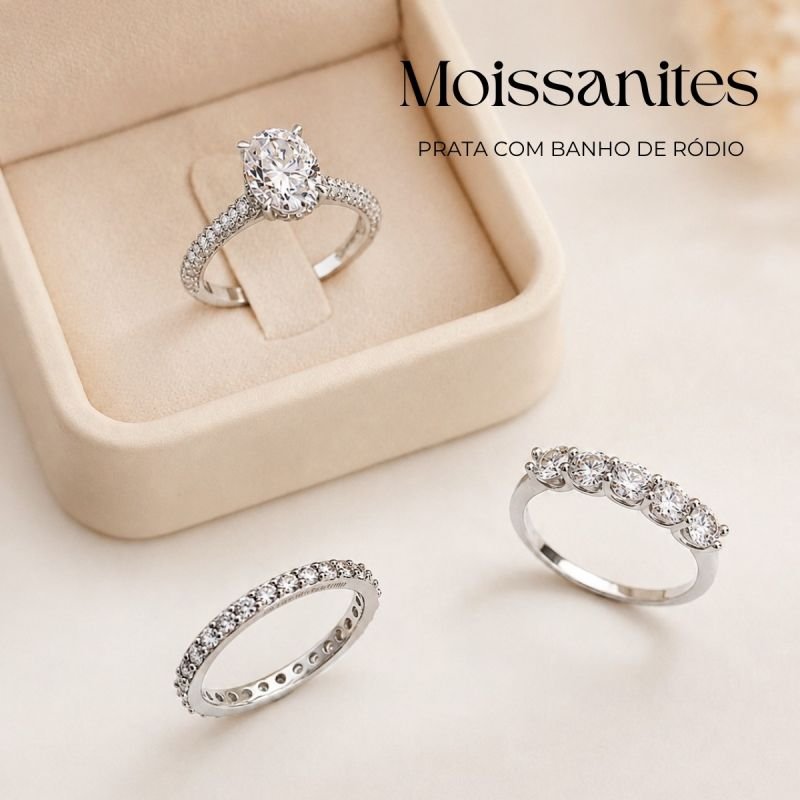 Anel Prata Banhado A Rodio C/ 5 Moissanite 4mm