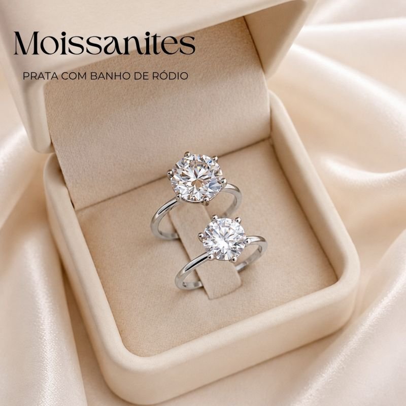 Anel Prata Banhado A Ródio Solitario Moissanite 8mm