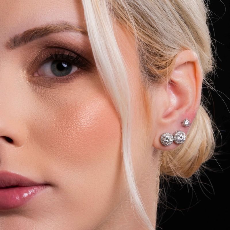 Brinco Prata C/ Banho De Ródio Borda Cravejada C/ Pedra Moissanite 6mm